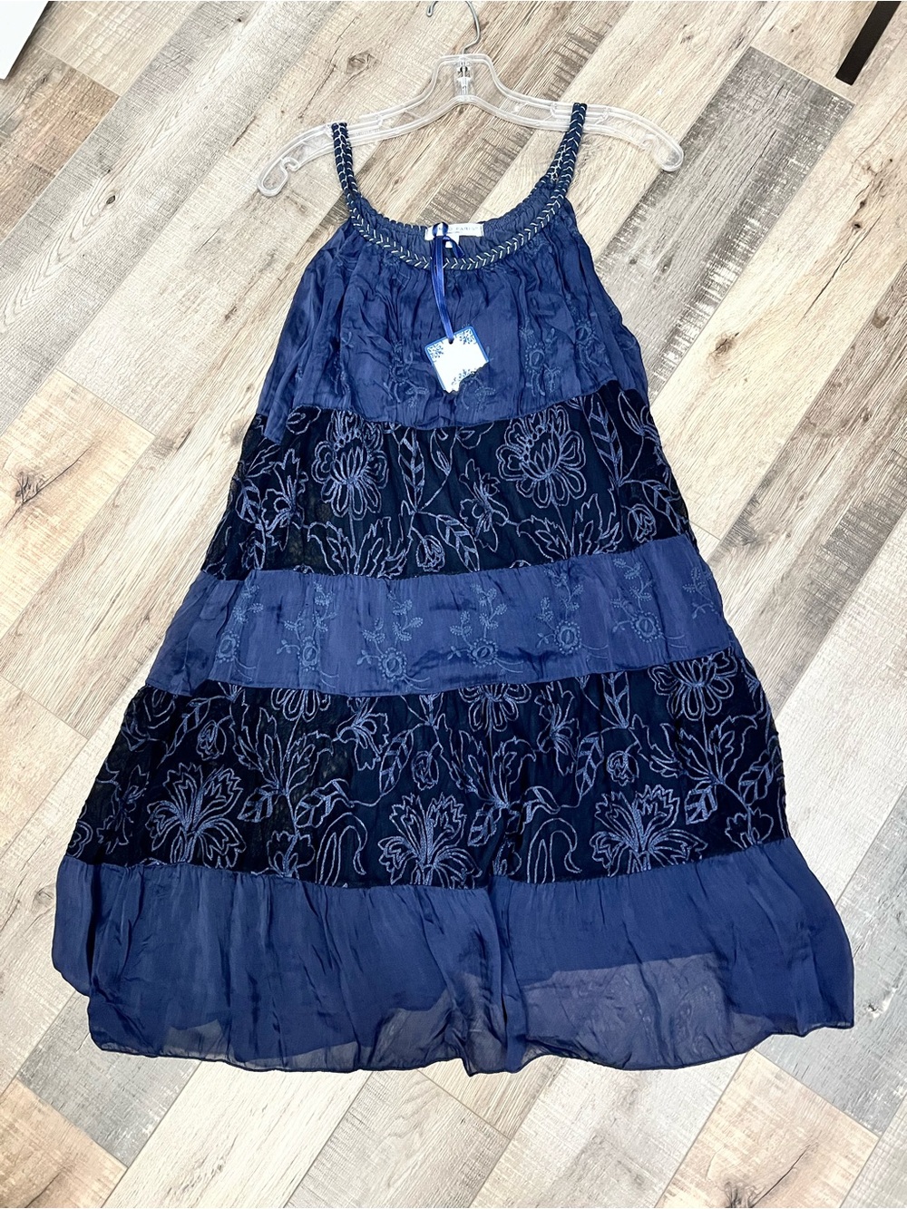 Tempo Paris Navy Blue Tiered Embroidered silk dress fully lined with braiding